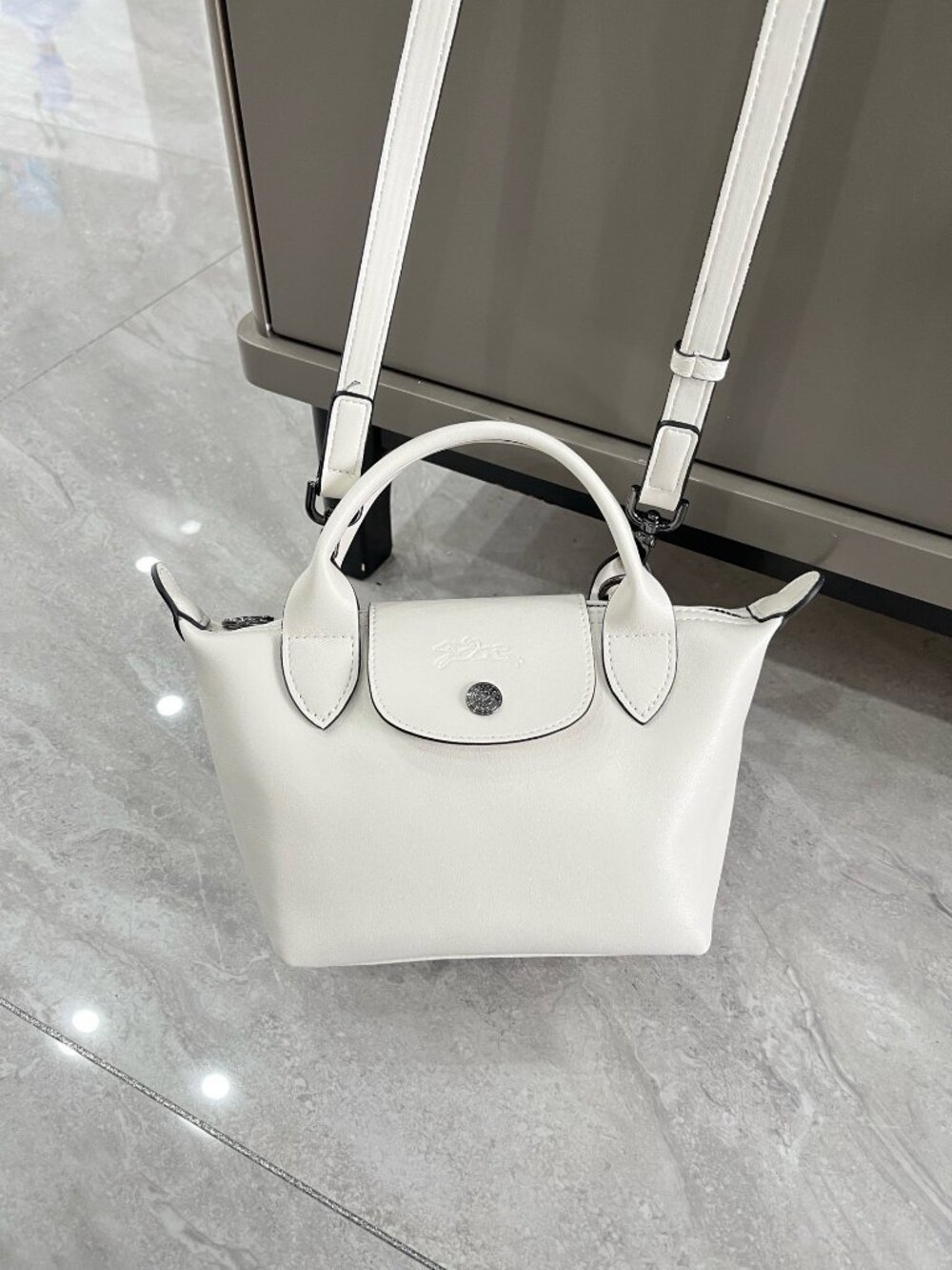 Longchamp Le Pliage XS White Full Leather Mini Top Handle Crossbody Bag - Picture 2 of 7